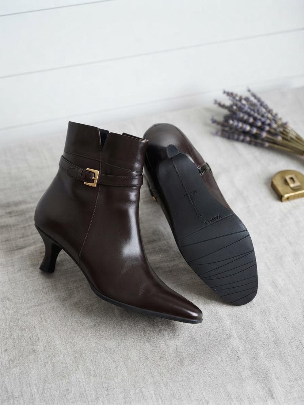 VANELi Dark Brown Leather Kitten Heel Ankle Boots